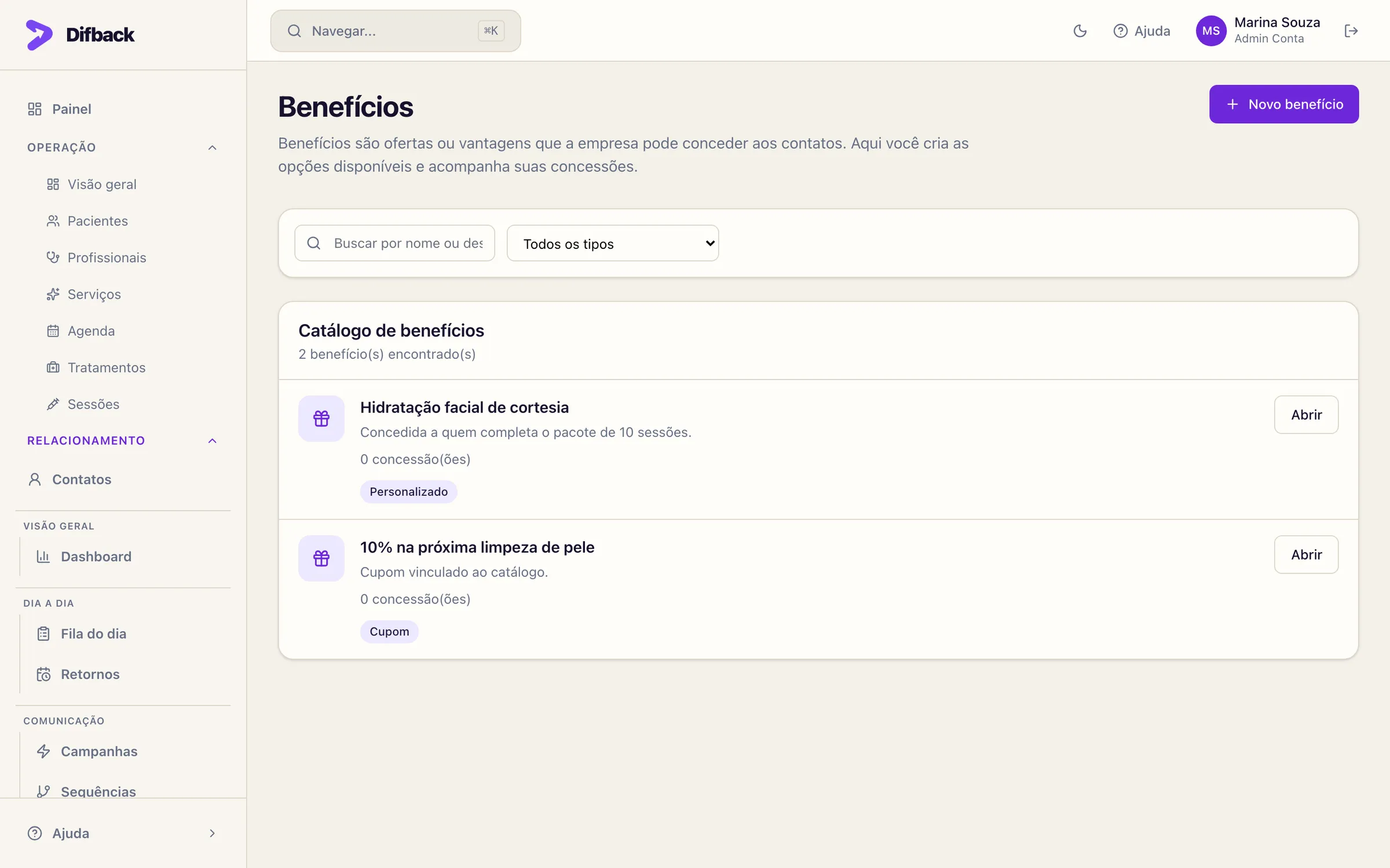 Catálogo de benefícios com um benefício personalizado e um cupom