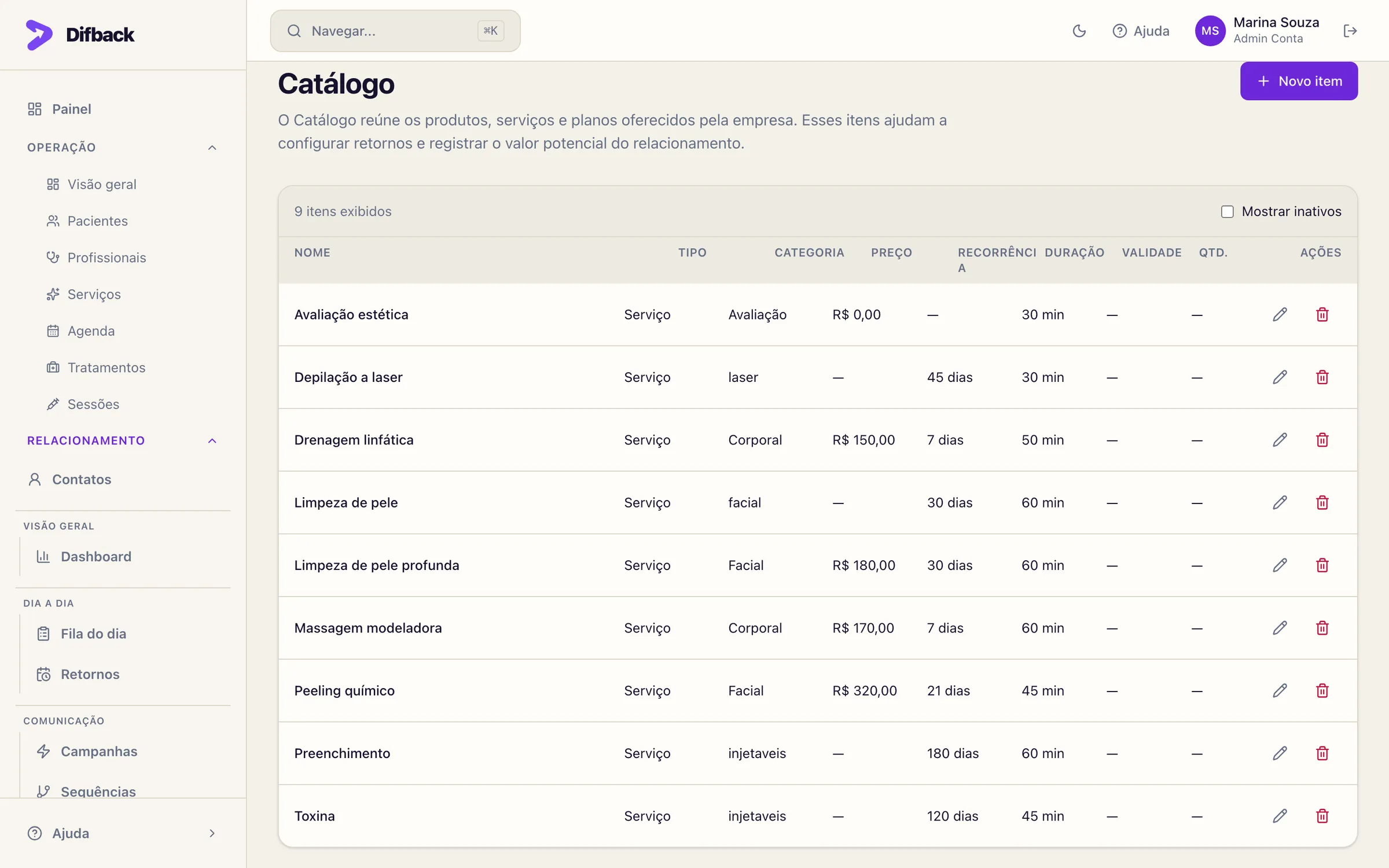 Lista do catálogo com nome, tipo, categoria, preço, recorrência, duração, validade e quantidade