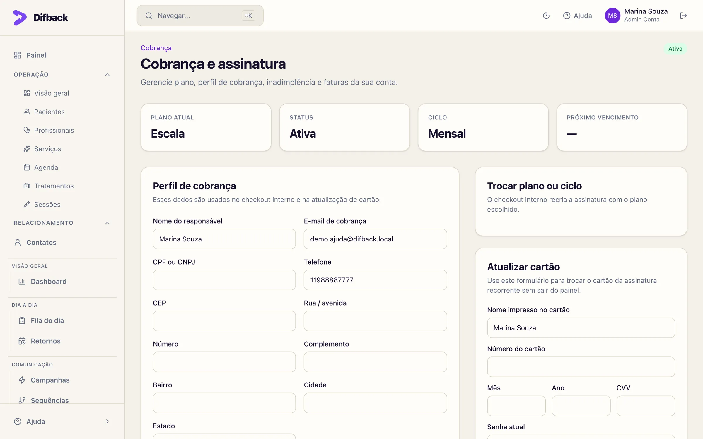 Tela Cobrança e assinatura com plano atual, status, ciclo, próximo vencimento e perfil de cobrança