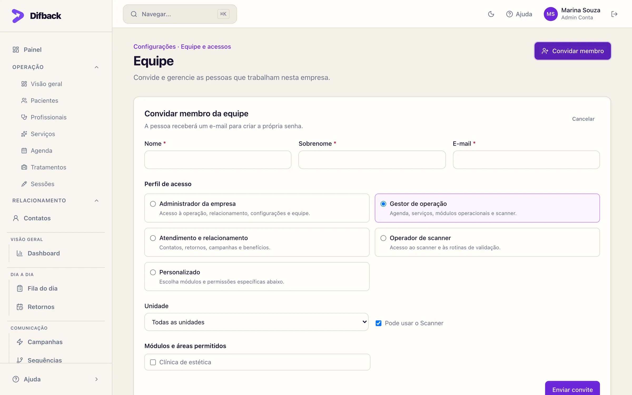 Janela Convidar membro da equipe com nome, e-mail, perfis de acesso, unidade e permissão de scanner