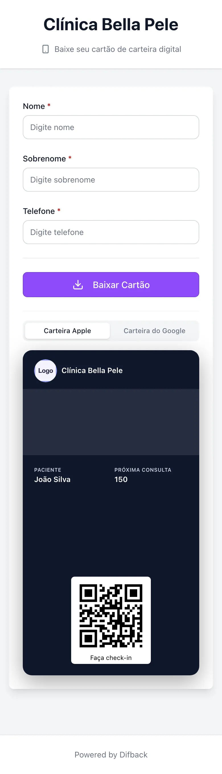 Página pública de download no celular com nome, sobrenome, telefone, botão Baixar Cartão e prévia do cartão