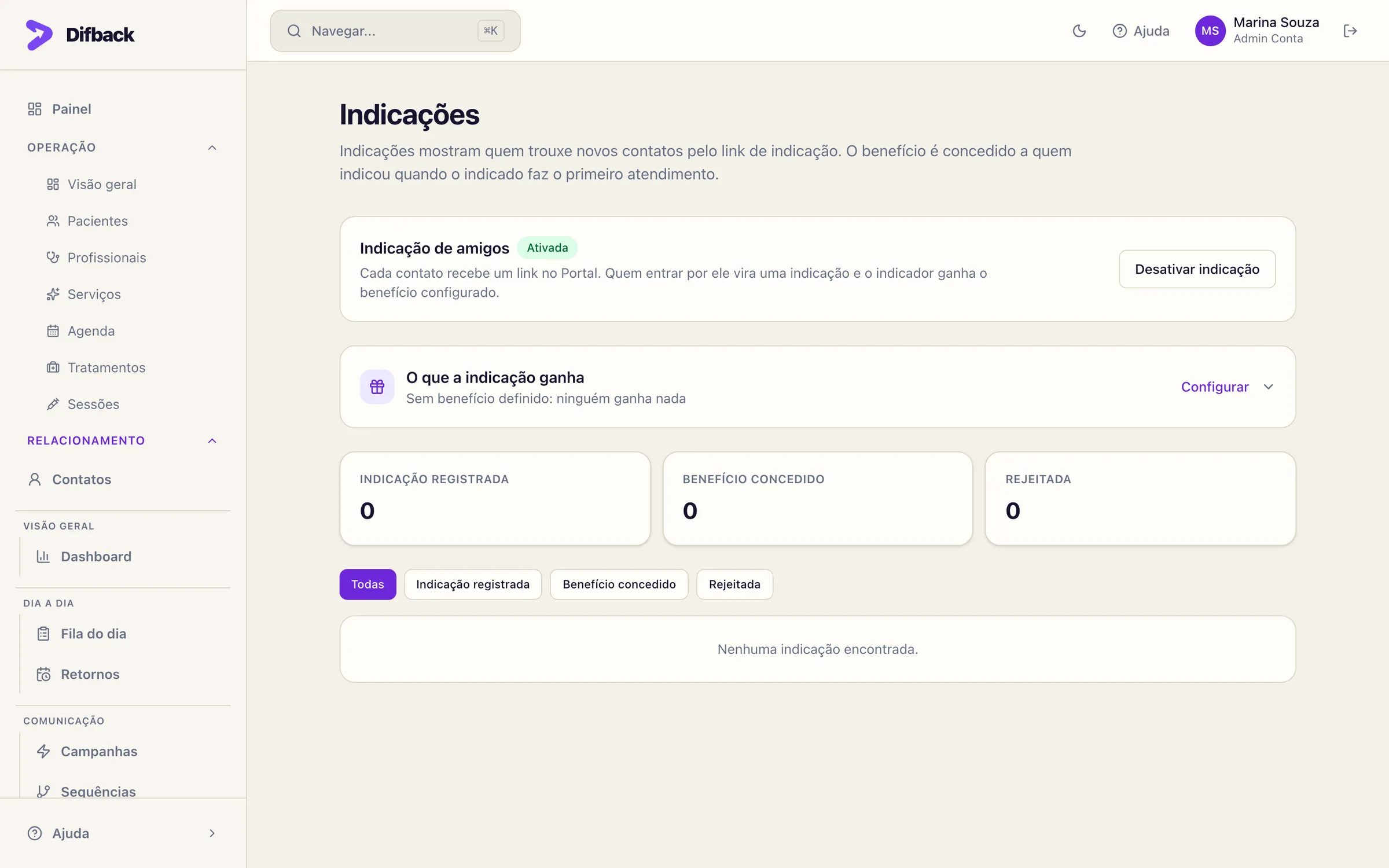 Tela Indicações com programa ativado, benefício e contadores