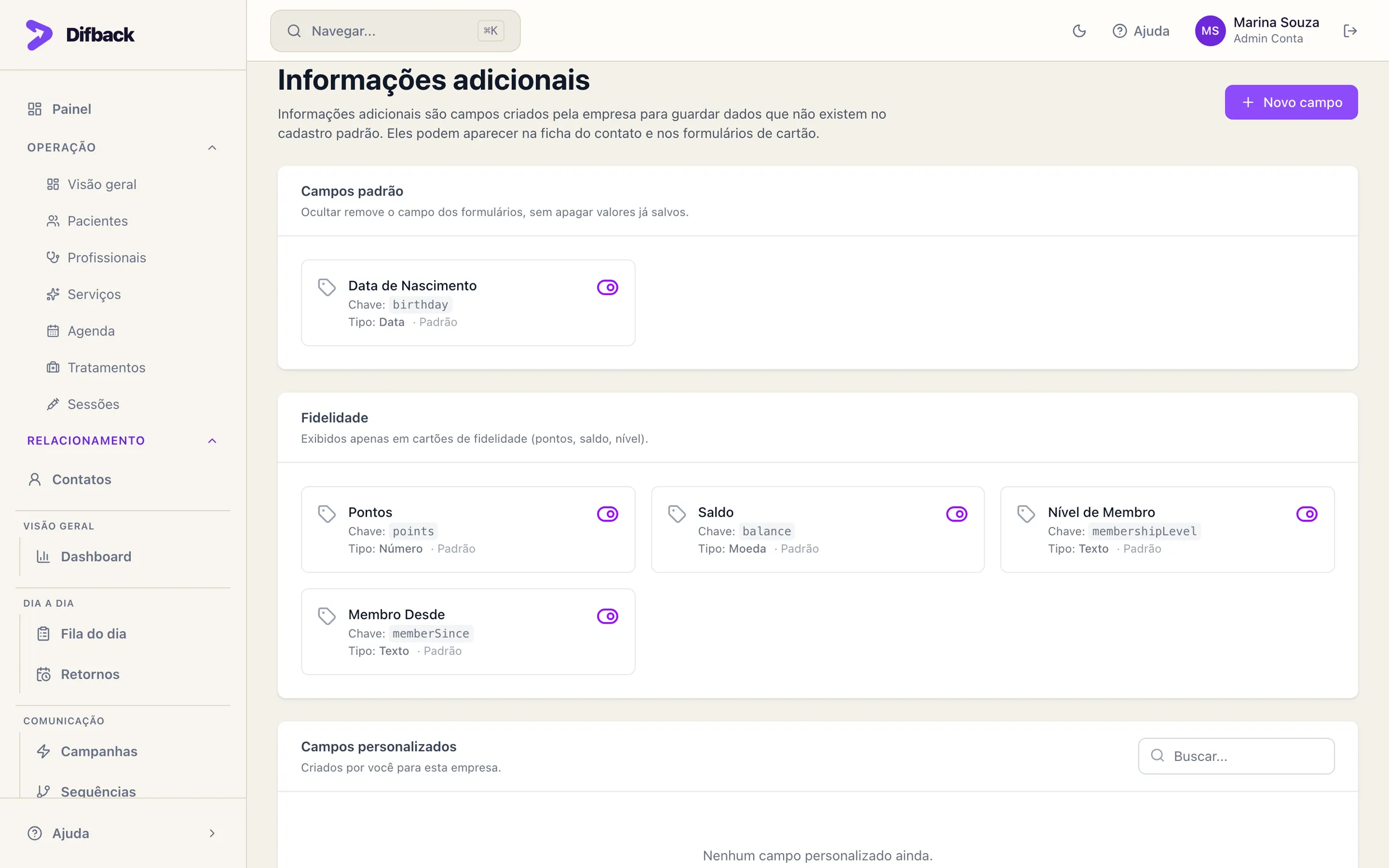 Tela Informações adicionais com campos padrão, campos de fidelidade e campos personalizados