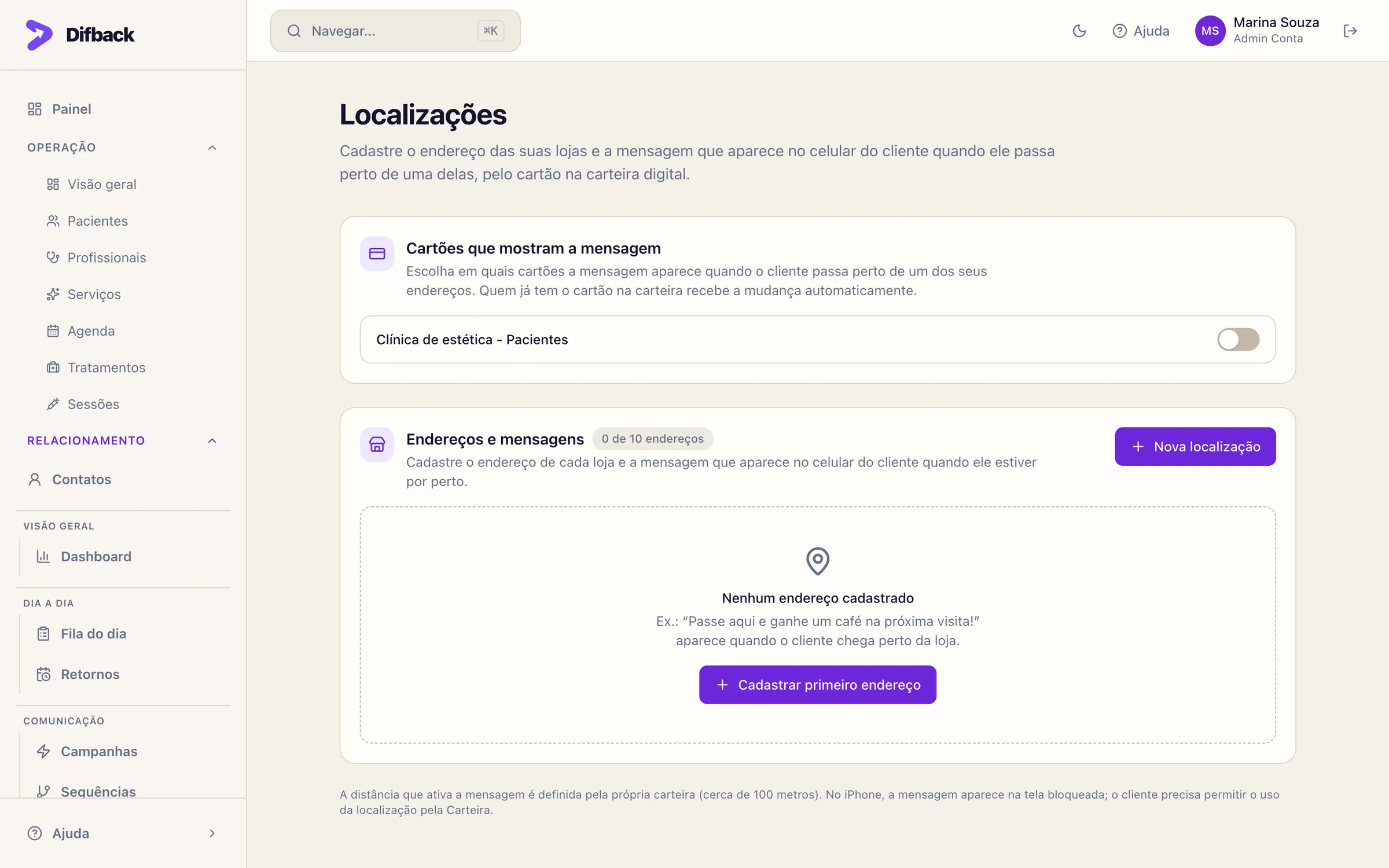Tela Localizações com cartões que mostram a mensagem e endereços cadastrados
