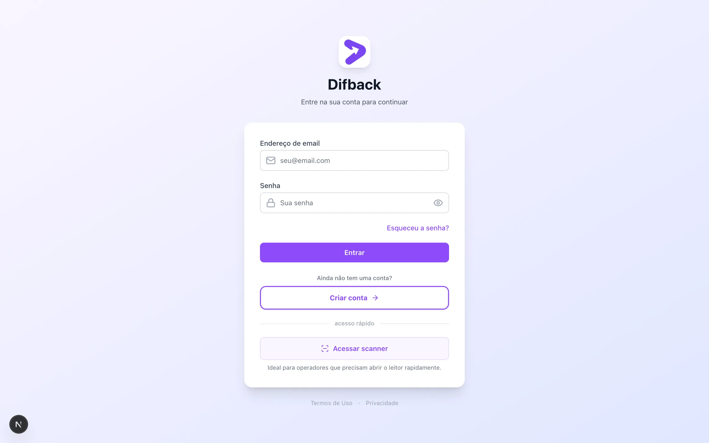 Tela de login do Difback com e-mail e senha