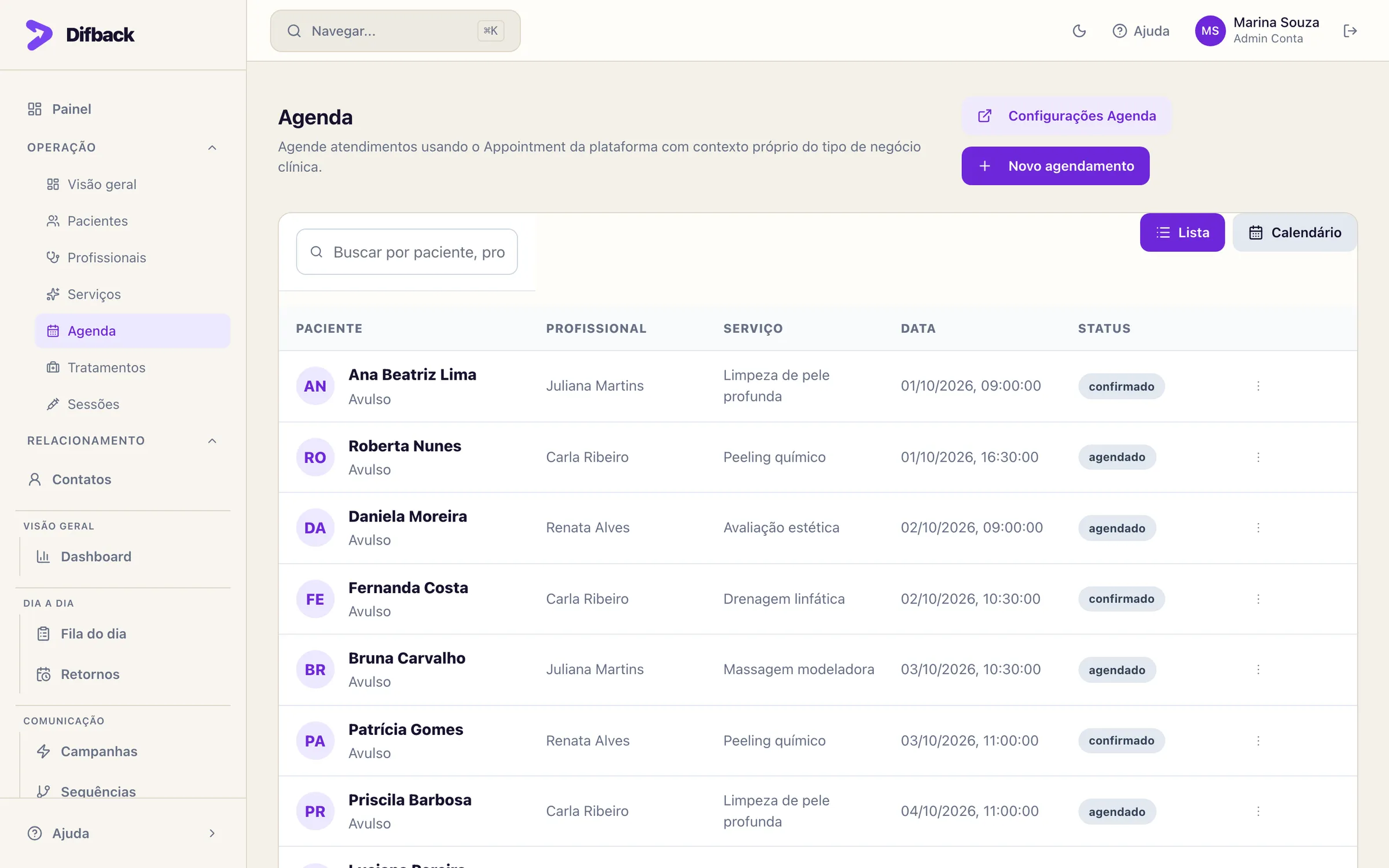Agenda em modo lista com paciente, profissional, serviço, data e status