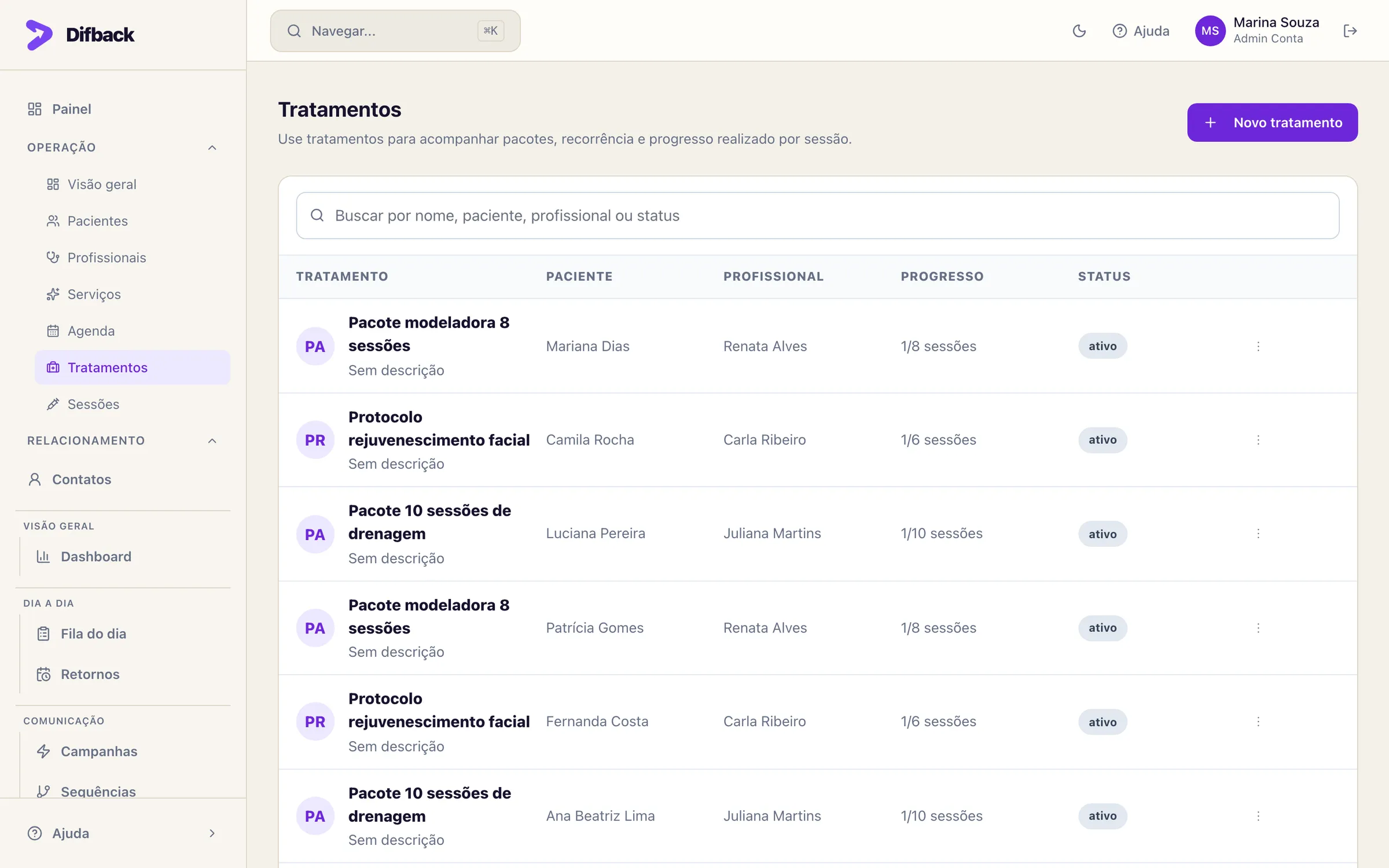 Lista de tratamentos com paciente, profissional, progresso em sessões e status