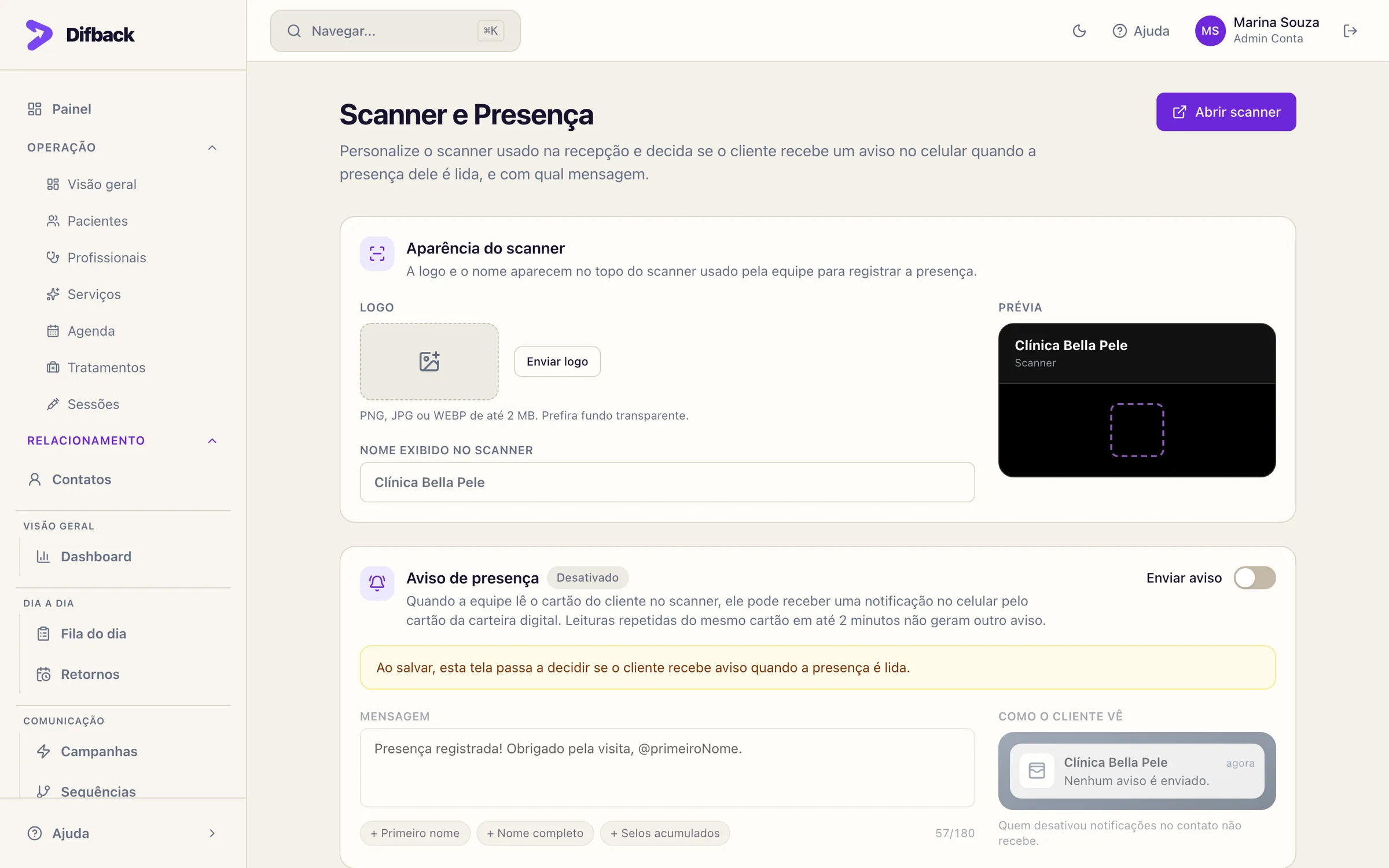 Tela Scanner e Presença com aparência do scanner e aviso de presença