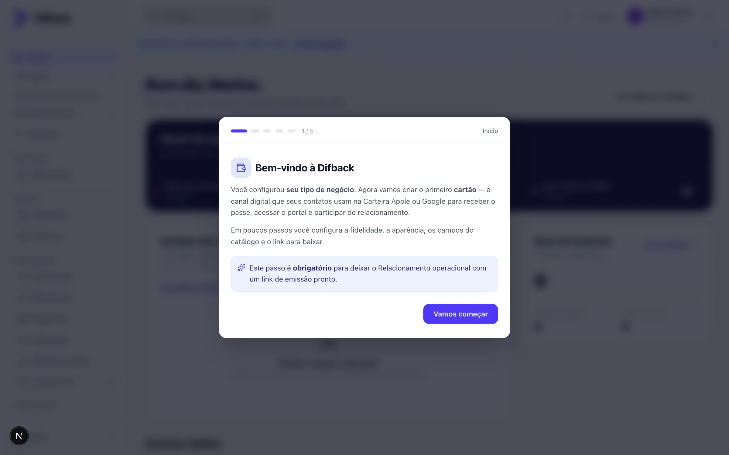 Primeiro passo do assistente: Bem-vindo à Difback